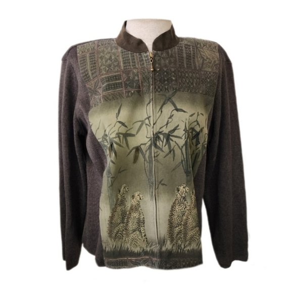 American Vintage Jackets & Blazers - American Vintage Cheetah Print Knit Jacket Green Size L